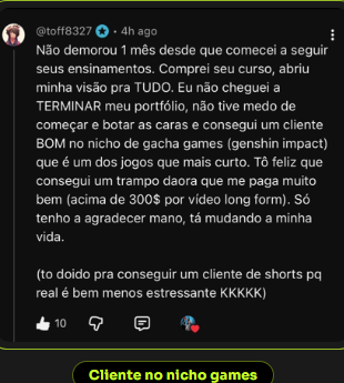 Cliente conquistado no nicho de games em menos de 1 mês, ganhando acima de US$ 300 por vídeo