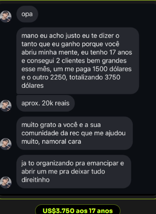 Aluno de 17 anos conquistou 2 clientes pagando 1.500 e 2.250 dólares, totalizando US$ 3.750